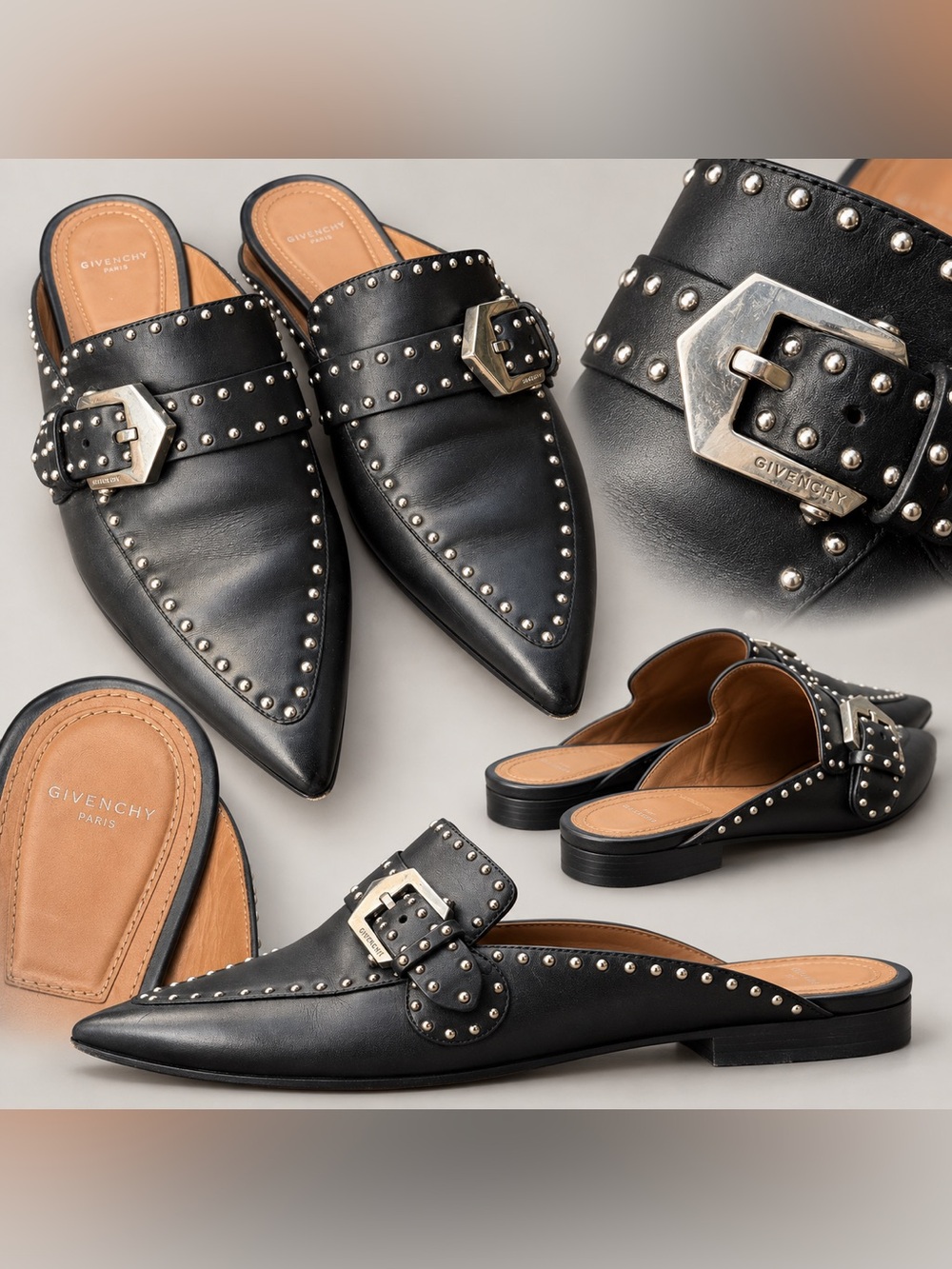 Givenchy Black Leather Studded Buckle Pointed Toe Mules Size 7.5